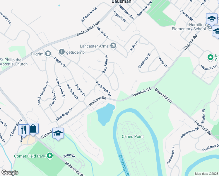 map of restaurants, bars, coffee shops, grocery stores, and more near 33 Mill Pond Drive in Lancaster