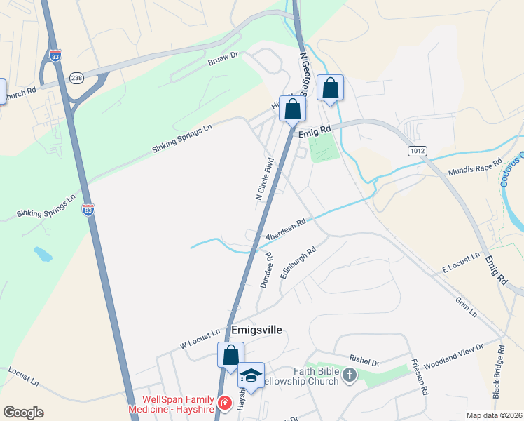 map of restaurants, bars, coffee shops, grocery stores, and more near 3132 North George Street in Emigsville