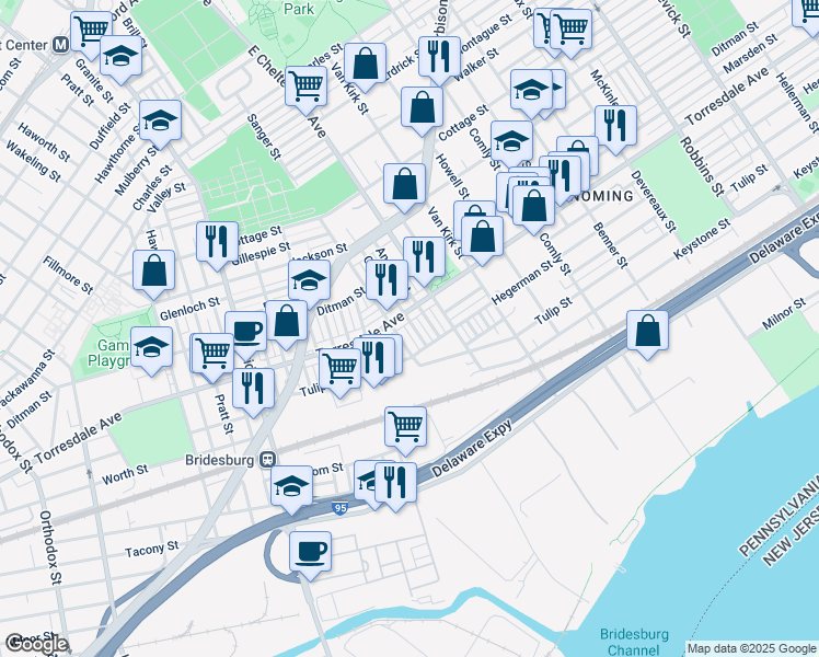 map of restaurants, bars, coffee shops, grocery stores, and more near 2118 Carver Street in Philadelphia
