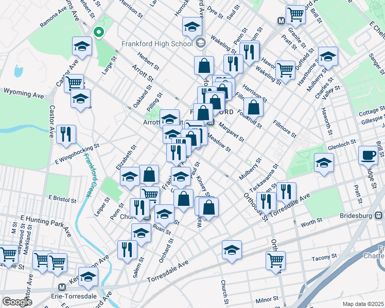 map of restaurants, bars, coffee shops, grocery stores, and more near 1617 Kinsey Street in Philadelphia