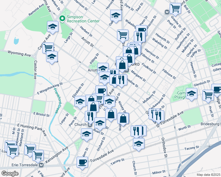 map of restaurants, bars, coffee shops, grocery stores, and more near 4522 Frankford Avenue in Philadelphia