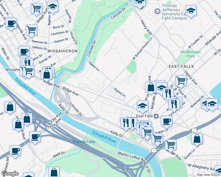 map of restaurants, bars, coffee shops, grocery stores, and more near 3613 Winona Street in Philadelphia