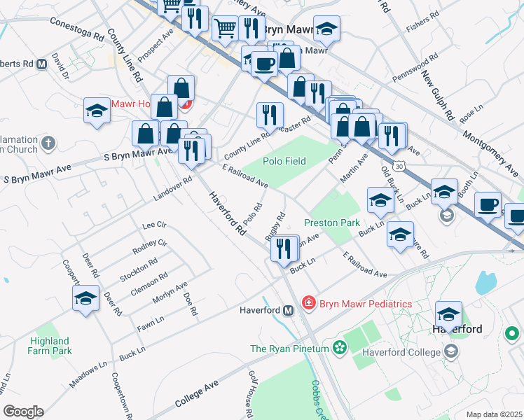 map of restaurants, bars, coffee shops, grocery stores, and more near 725 Polo Road in Bryn Mawr