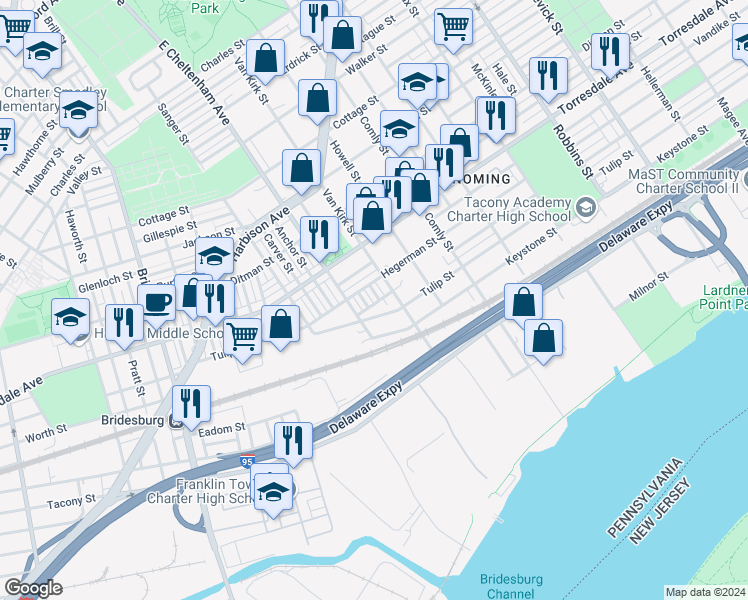 map of restaurants, bars, coffee shops, grocery stores, and more near 4820 East Alcott Street in Philadelphia