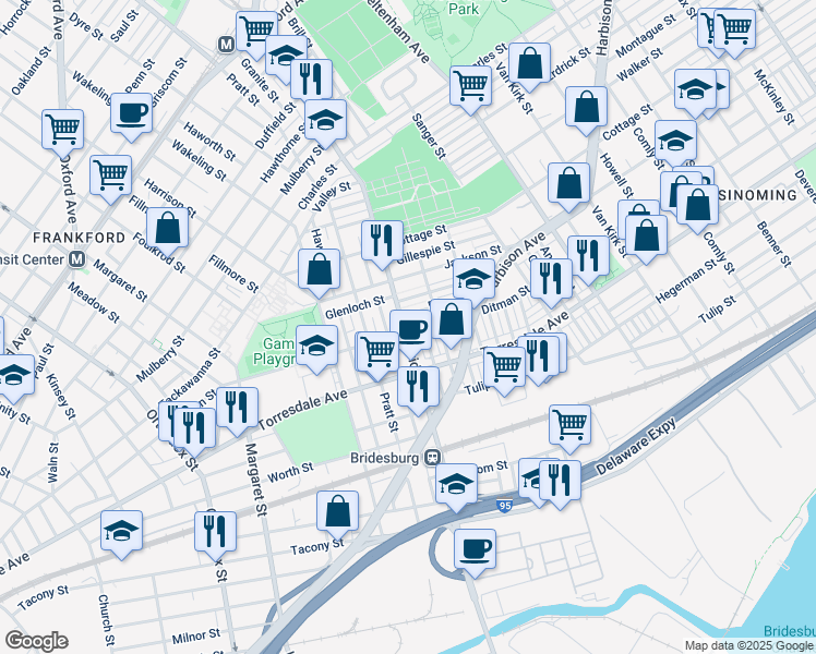 map of restaurants, bars, coffee shops, grocery stores, and more near 5200 Ditman Street in Philadelphia