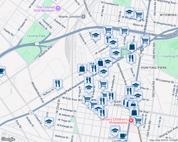 map of restaurants, bars, coffee shops, grocery stores, and more near 3945 Alfred Street in Philadelphia