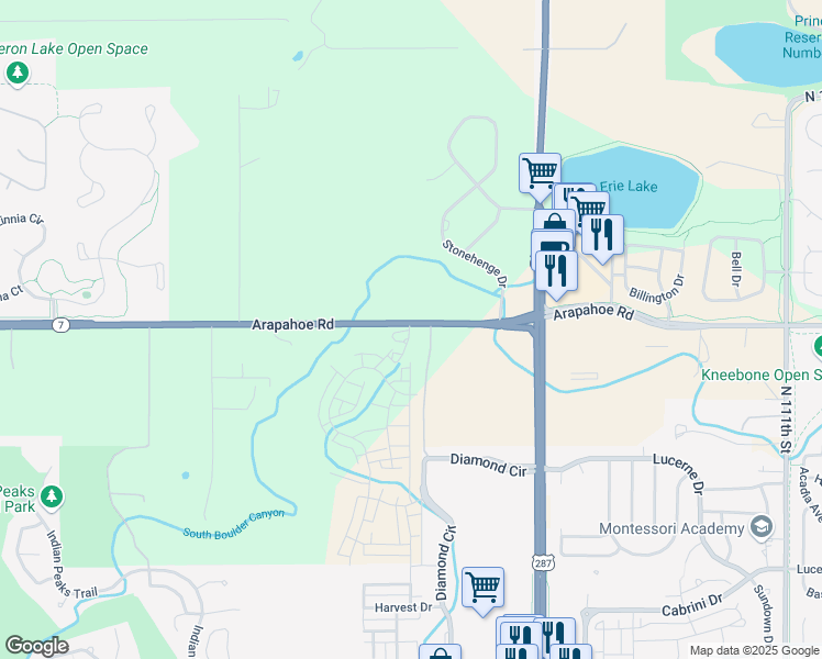 map of restaurants, bars, coffee shops, grocery stores, and more near 10364 Arapahoe Rd in Lafayette