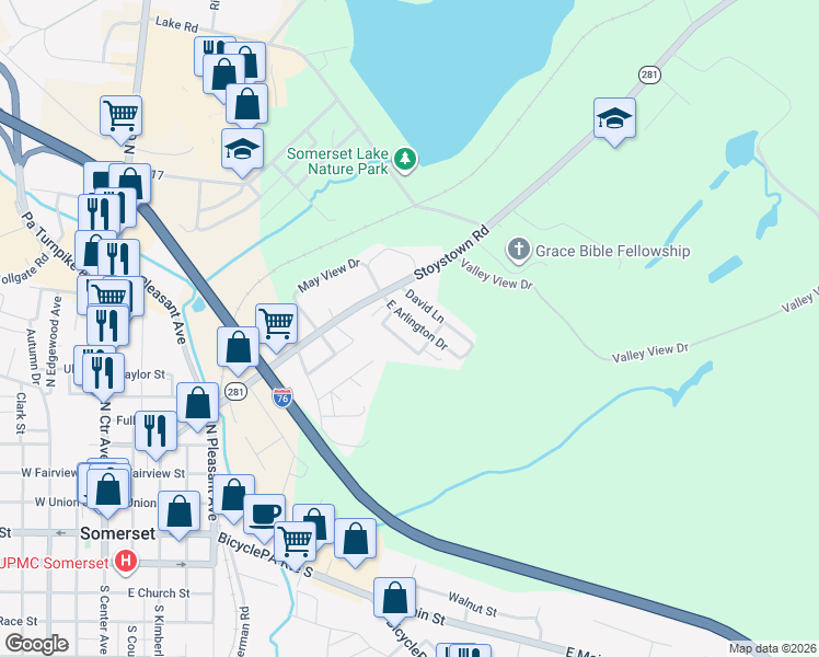 map of restaurants, bars, coffee shops, grocery stores, and more near 111 Willow Lane in Somerset
