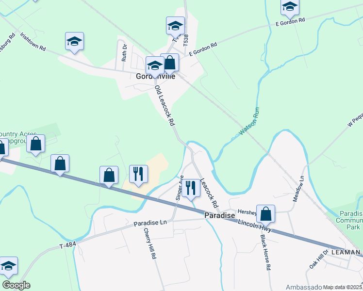 map of restaurants, bars, coffee shops, grocery stores, and more near 290 Old Leacock Road in Gordonville