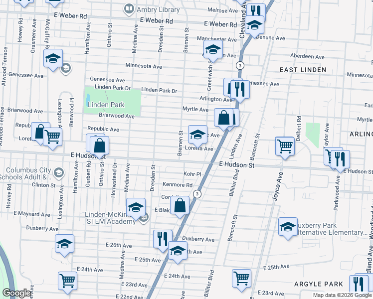 map of restaurants, bars, coffee shops, grocery stores, and more near 1515 Loretta Avenue in Columbus