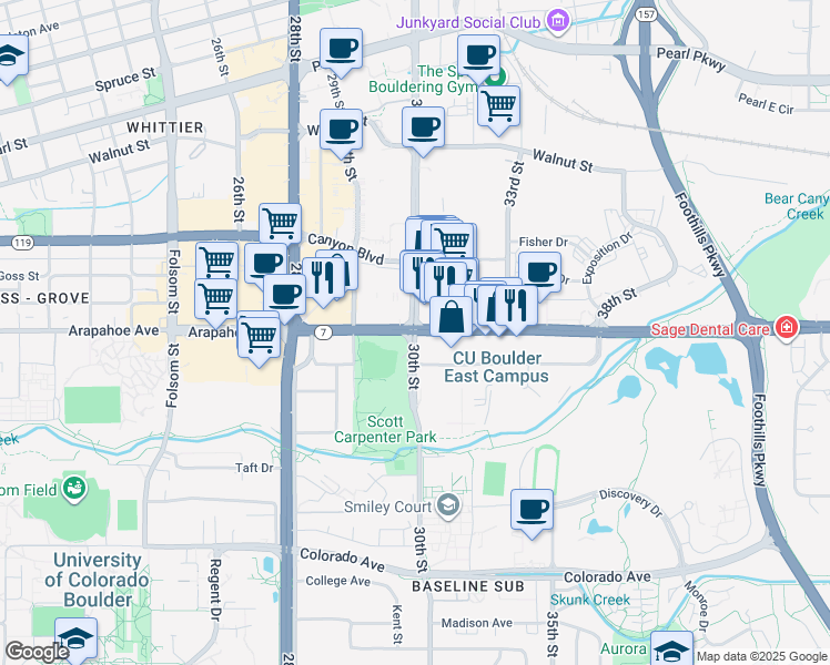 map of restaurants, bars, coffee shops, grocery stores, and more near Arapahoe Avenue & 30th Street in Boulder