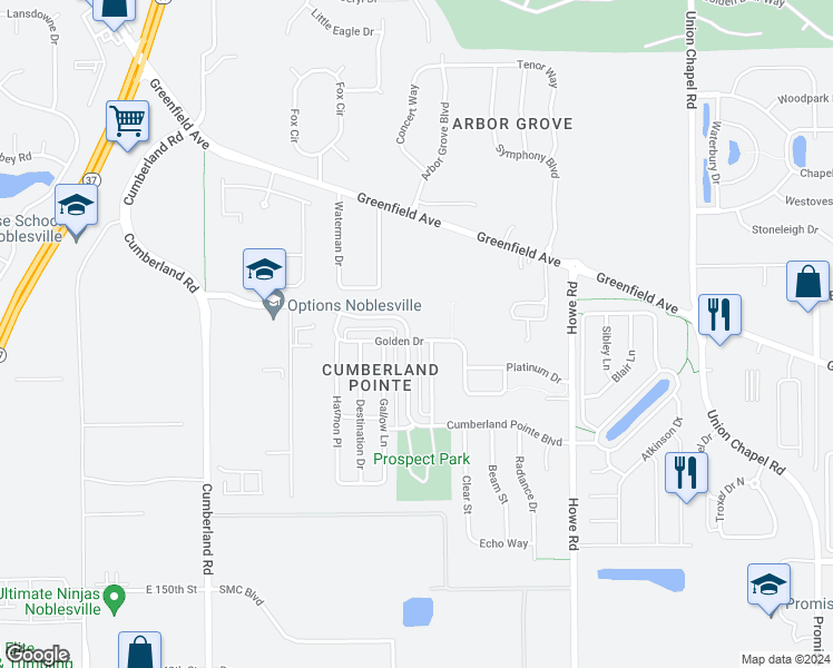 map of restaurants, bars, coffee shops, grocery stores, and more near 10210 Golden Drive in Noblesville