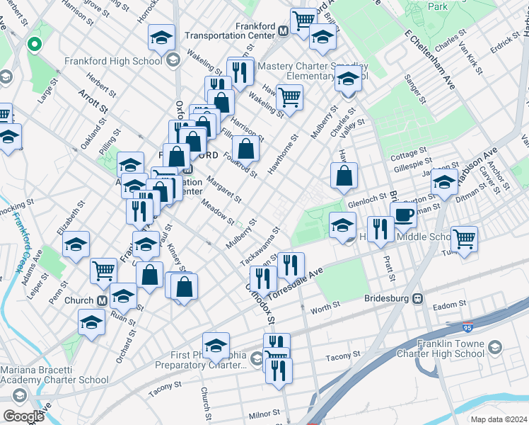 map of restaurants, bars, coffee shops, grocery stores, and more near 4709 Mulberry Street in Philadelphia