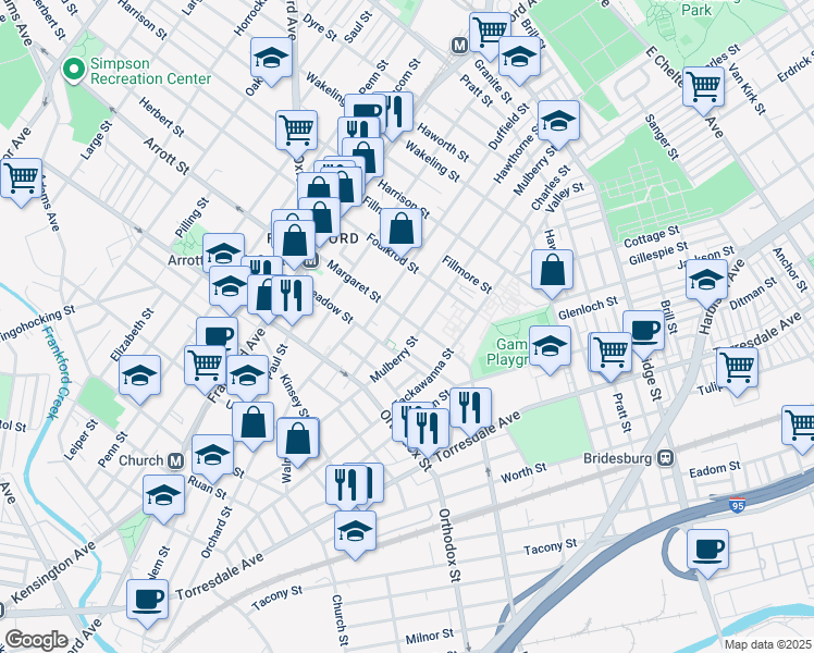 map of restaurants, bars, coffee shops, grocery stores, and more near 1738 Margaret Street in Philadelphia