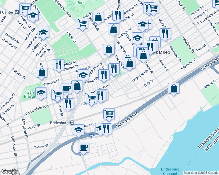 map of restaurants, bars, coffee shops, grocery stores, and more near 2112 Carver Street in Philadelphia
