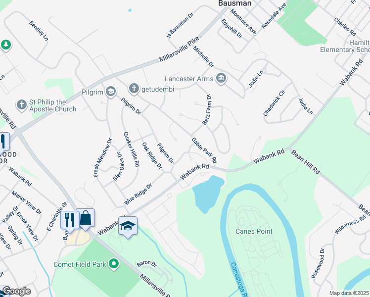 map of restaurants, bars, coffee shops, grocery stores, and more near 27 Cold Stream Drive in Lancaster