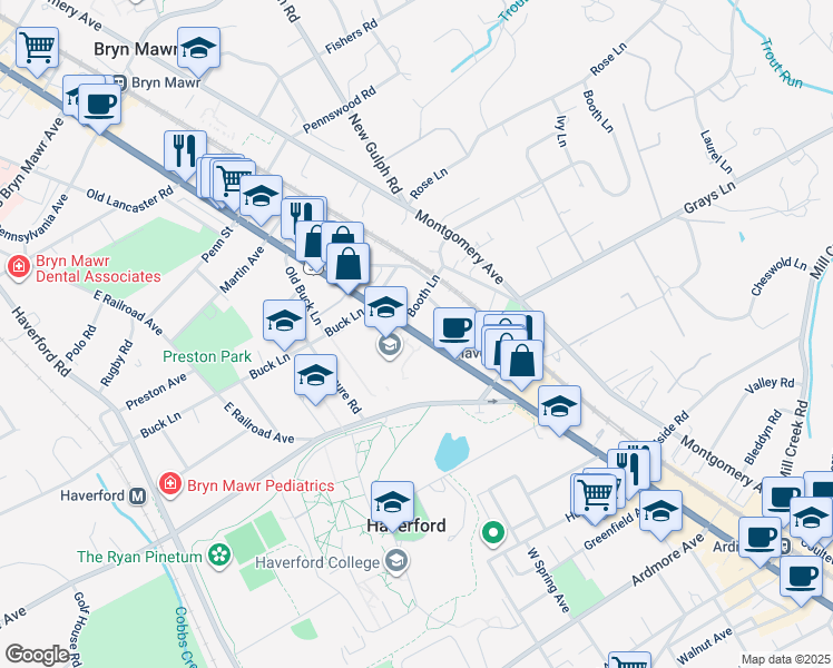 map of restaurants, bars, coffee shops, grocery stores, and more near 450 West Lancaster Avenue in Haverford