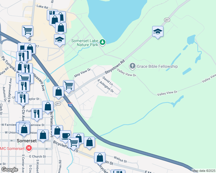map of restaurants, bars, coffee shops, grocery stores, and more near 111 Willow Lane in Somerset