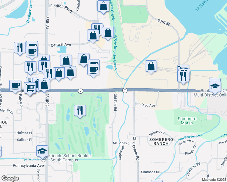 map of restaurants, bars, coffee shops, grocery stores, and more near 1555 Old Tale Road in Boulder