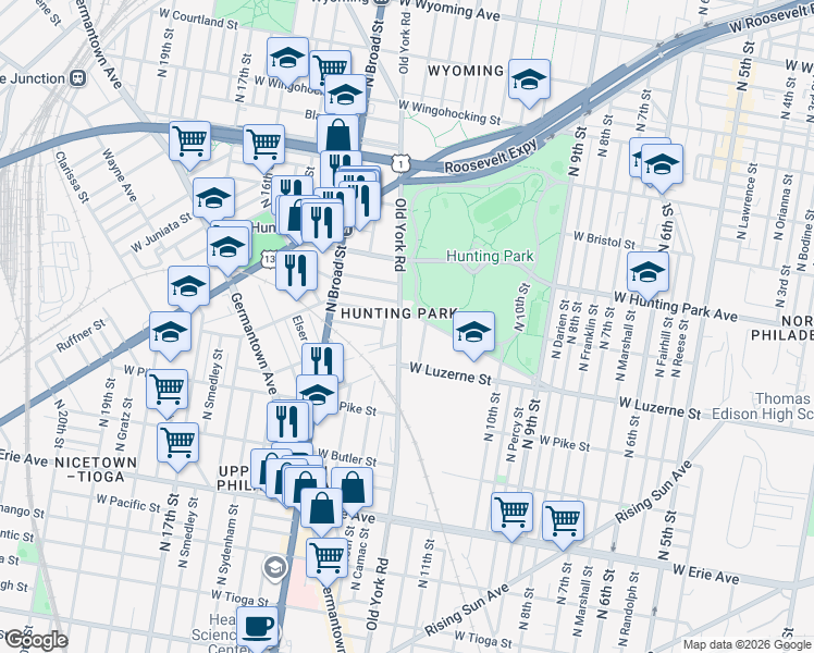 map of restaurants, bars, coffee shops, grocery stores, and more near 4023 Old York Road in Philadelphia