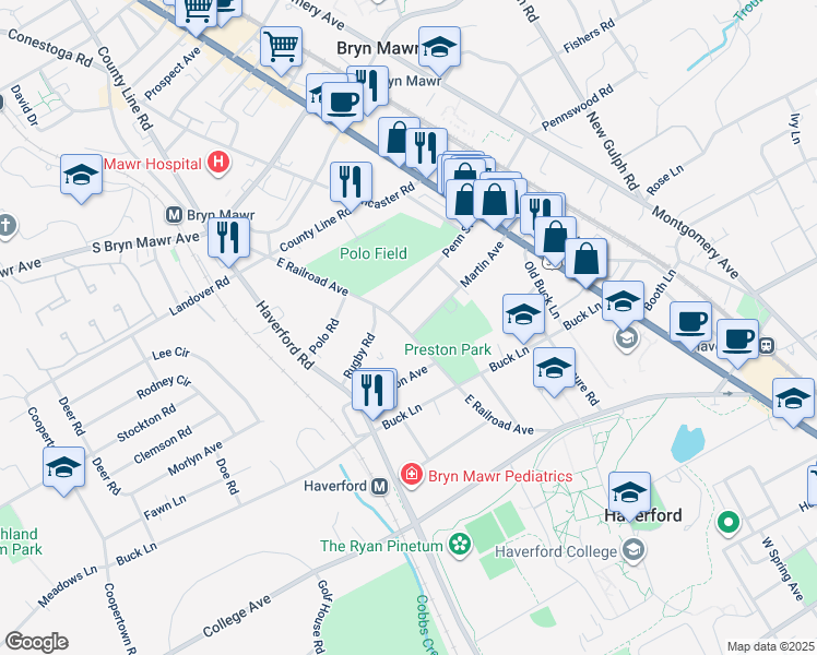map of restaurants, bars, coffee shops, grocery stores, and more near 732 East Railroad Avenue in Bryn Mawr