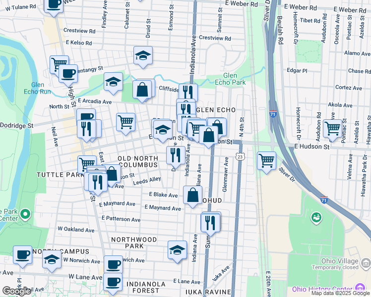 map of restaurants, bars, coffee shops, grocery stores, and more near 2481 Indianola Avenue in Columbus