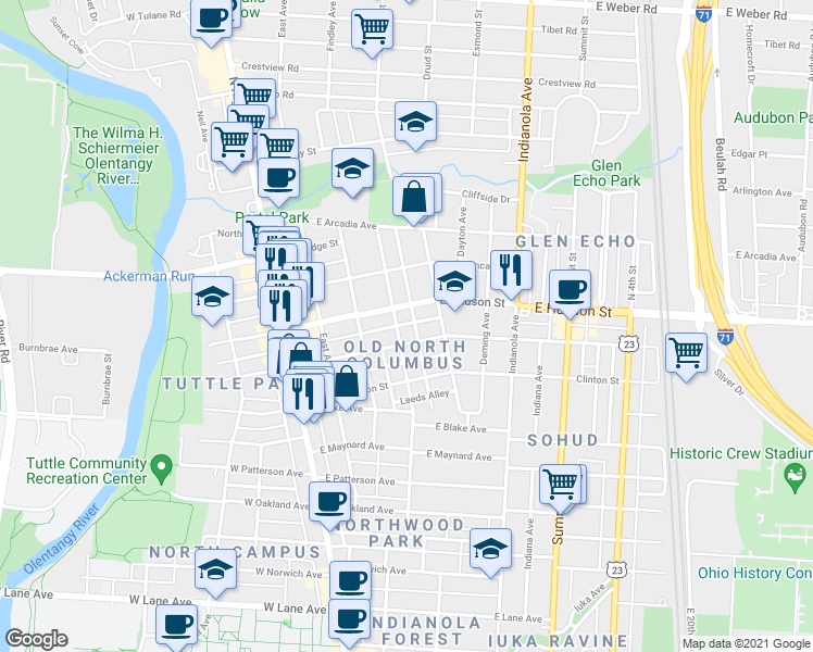 map of restaurants, bars, coffee shops, grocery stores, and more near in Columbus