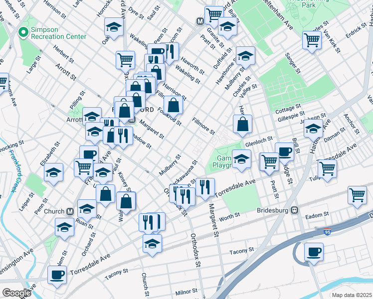 map of restaurants, bars, coffee shops, grocery stores, and more near 4709 Mulberry Street in Philadelphia
