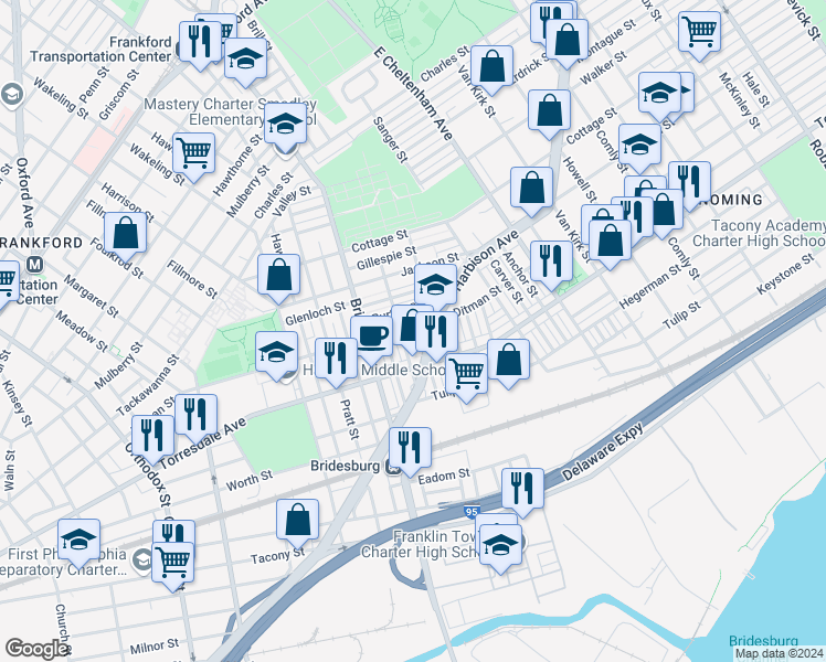 map of restaurants, bars, coffee shops, grocery stores, and more near 5247 Ditman Street in Philadelphia