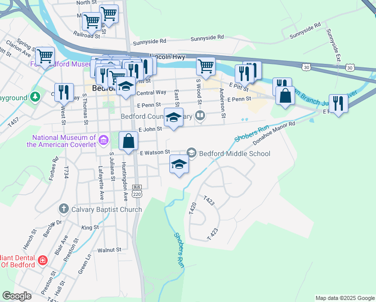map of restaurants, bars, coffee shops, grocery stores, and more near 440 East Watson Street in Bedford