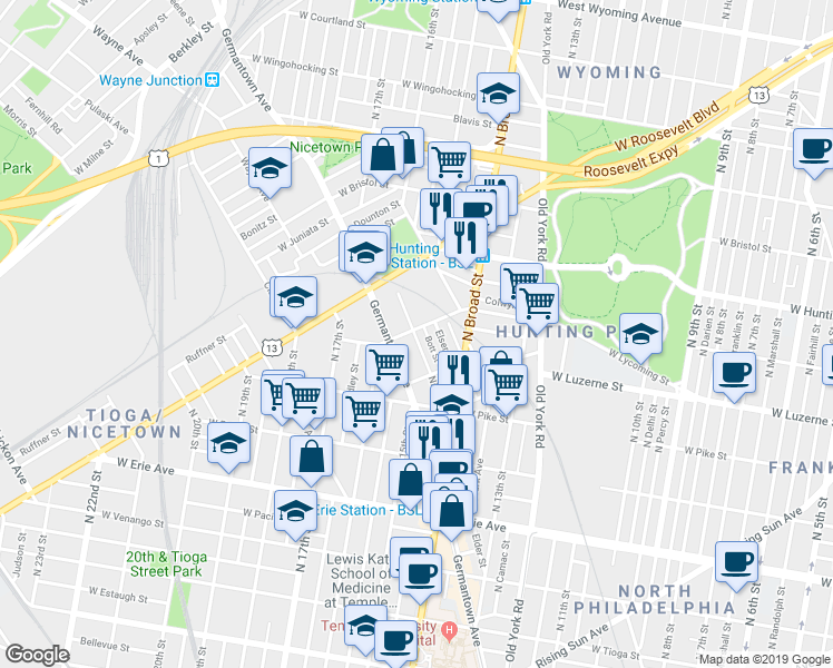 map of restaurants, bars, coffee shops, grocery stores, and more near 1452 West Lycoming Street in Philadelphia