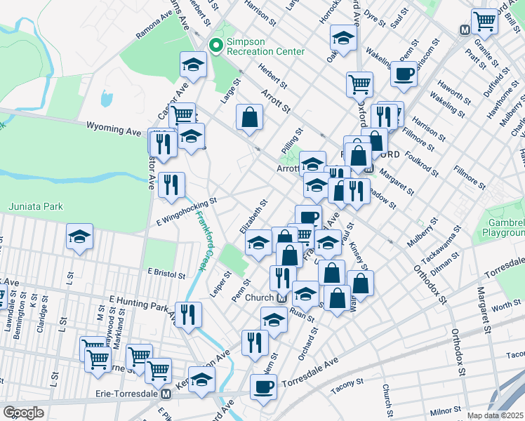 map of restaurants, bars, coffee shops, grocery stores, and more near 4417 Elizabeth Street in Philadelphia
