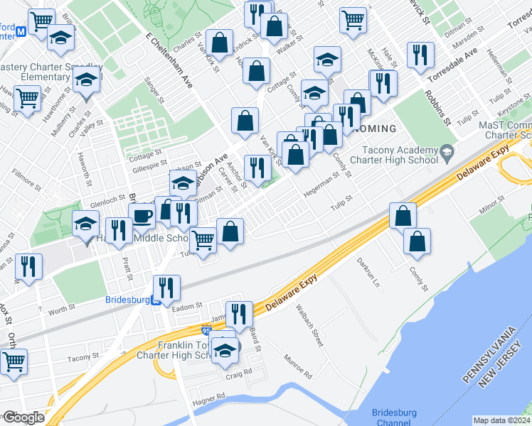 map of restaurants, bars, coffee shops, grocery stores, and more near 2137 Anchor Street in Philadelphia