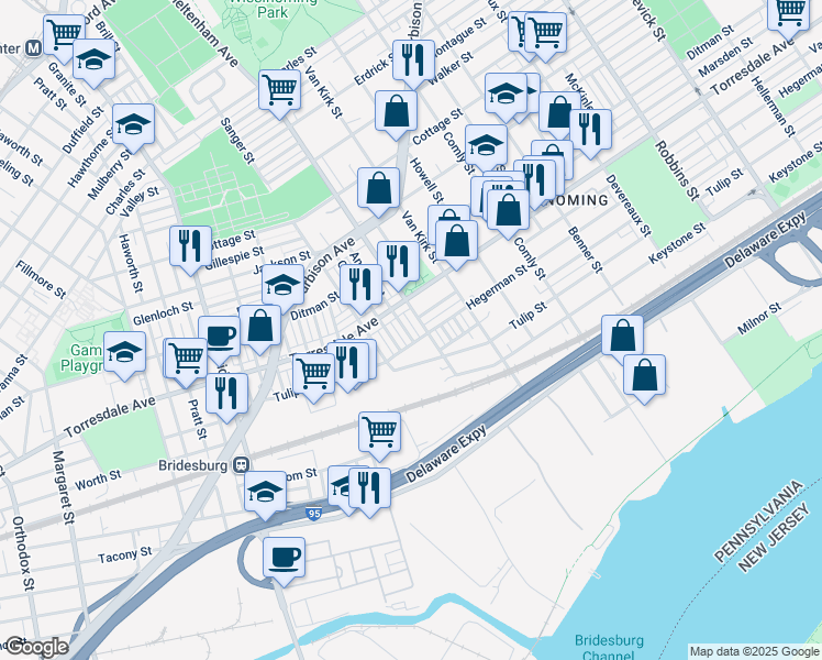 map of restaurants, bars, coffee shops, grocery stores, and more near 2137 Anchor Street in Philadelphia