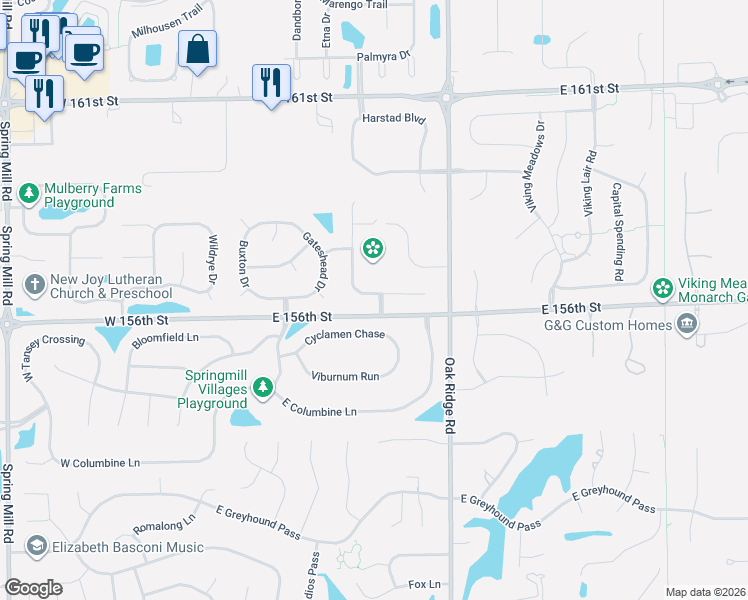 map of restaurants, bars, coffee shops, grocery stores, and more near 488 Cyclamen Chase in Westfield