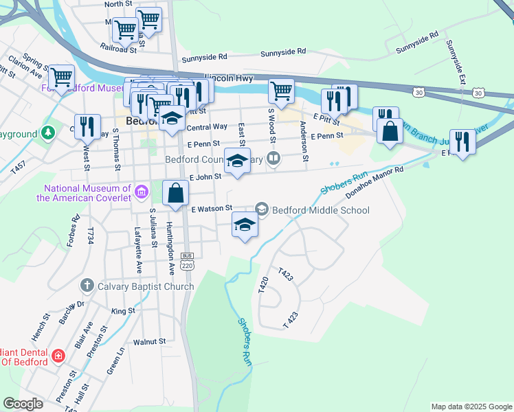 map of restaurants, bars, coffee shops, grocery stores, and more near 440 East Watson Street in Bedford