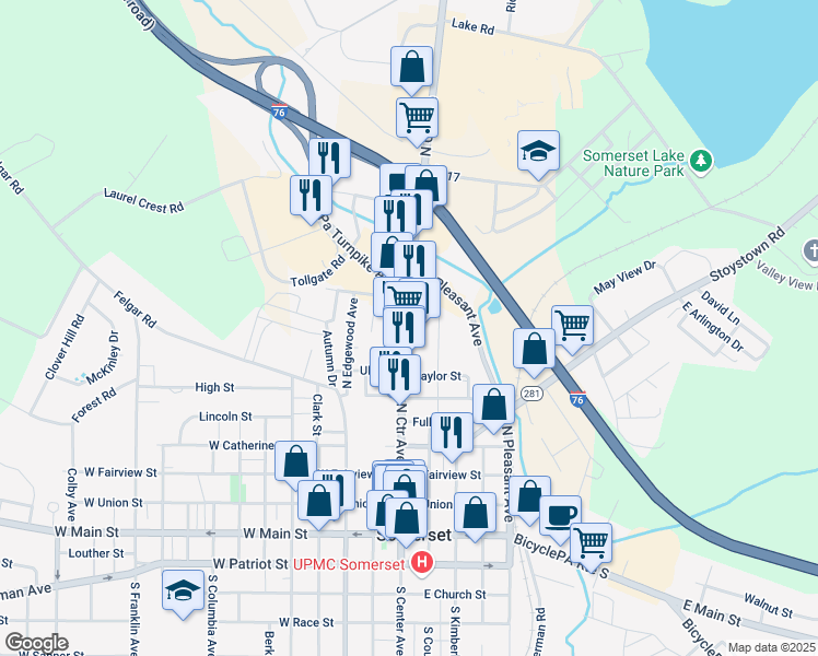 map of restaurants, bars, coffee shops, grocery stores, and more near 711 North Center Avenue in Somerset