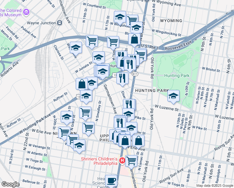map of restaurants, bars, coffee shops, grocery stores, and more near 1452 West Lycoming Street in Philadelphia