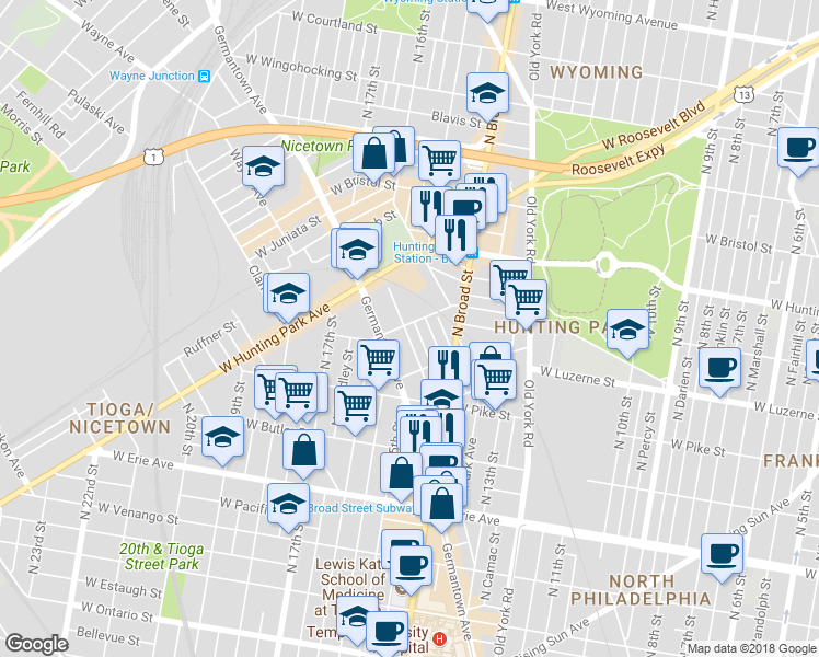 map of restaurants, bars, coffee shops, grocery stores, and more near 1448 West Lycoming Street in Philadelphia