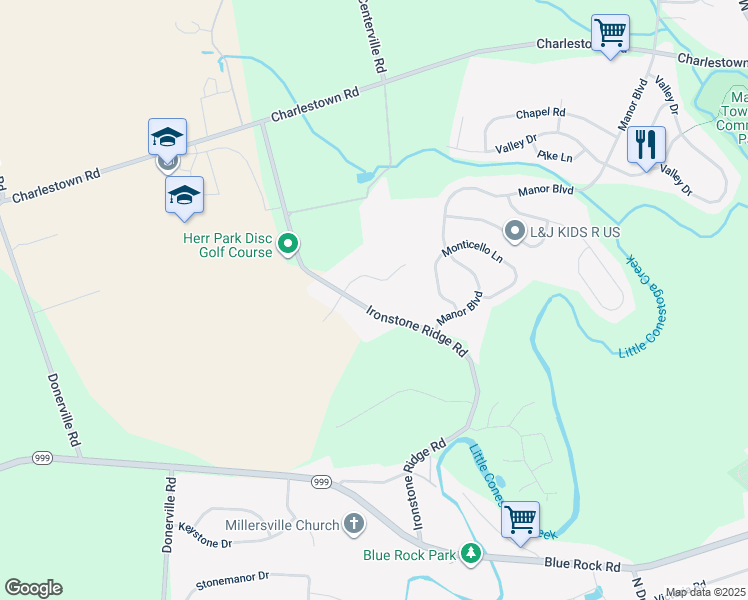 map of restaurants, bars, coffee shops, grocery stores, and more near 209 Ironstone Ridge Road in Lancaster
