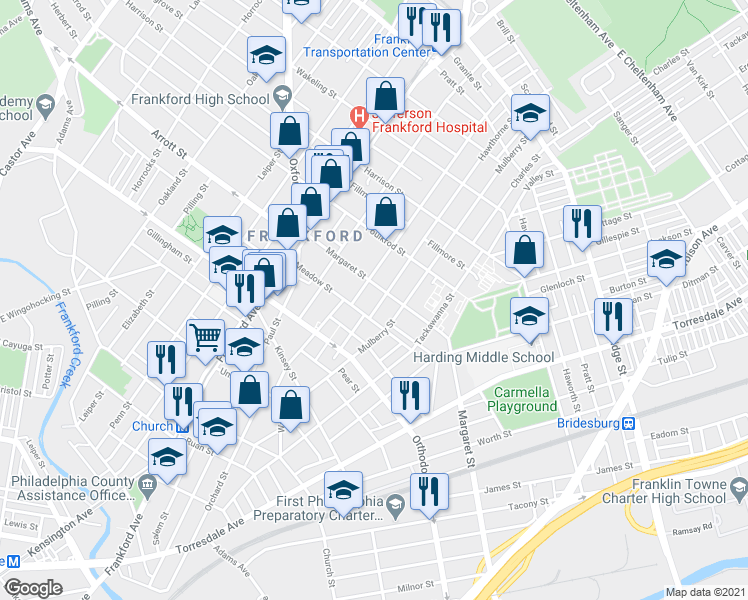 map of restaurants, bars, coffee shops, grocery stores, and more near 4680 Hawthorne St in Philadelphia