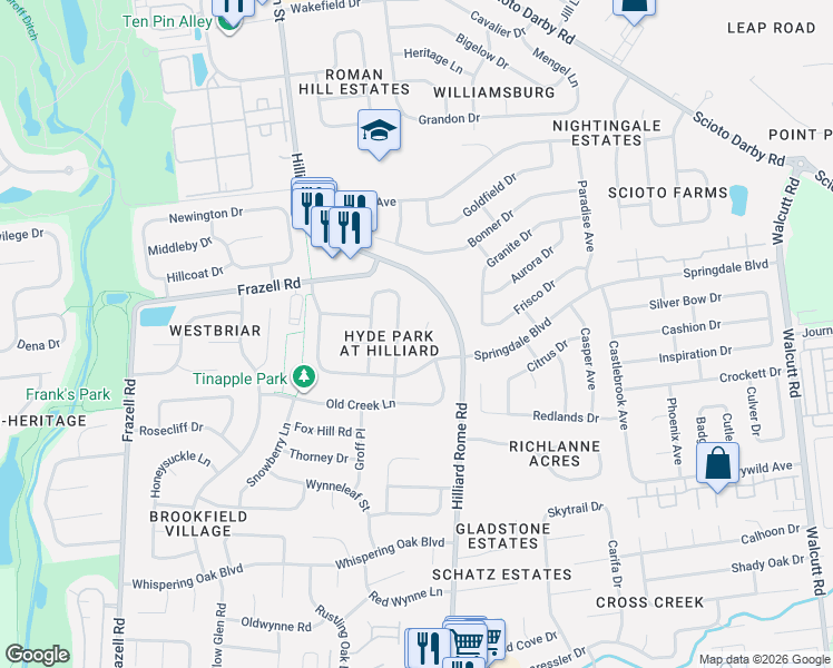 map of restaurants, bars, coffee shops, grocery stores, and more near 3062 Stouenburgh Drive in Hilliard
