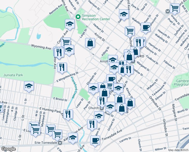 map of restaurants, bars, coffee shops, grocery stores, and more near 4417 Elizabeth Street in Philadelphia