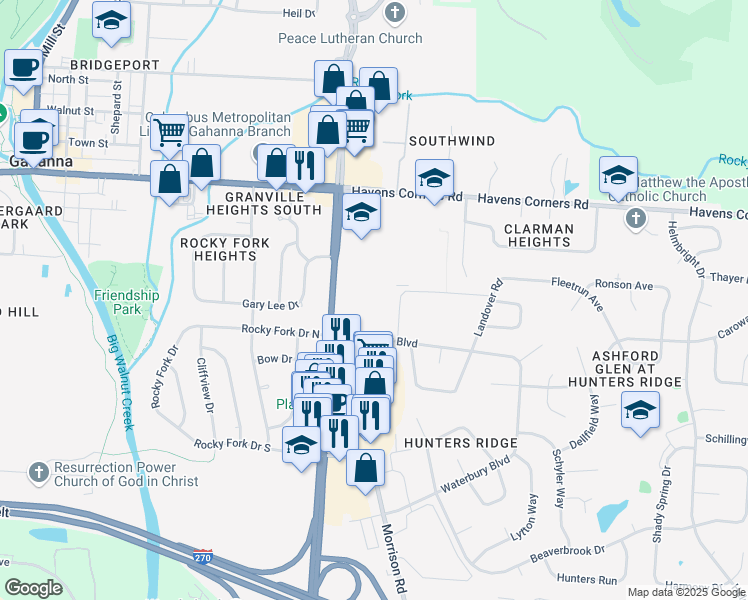 map of restaurants, bars, coffee shops, grocery stores, and more near 160 South Hamilton Road in Gahanna