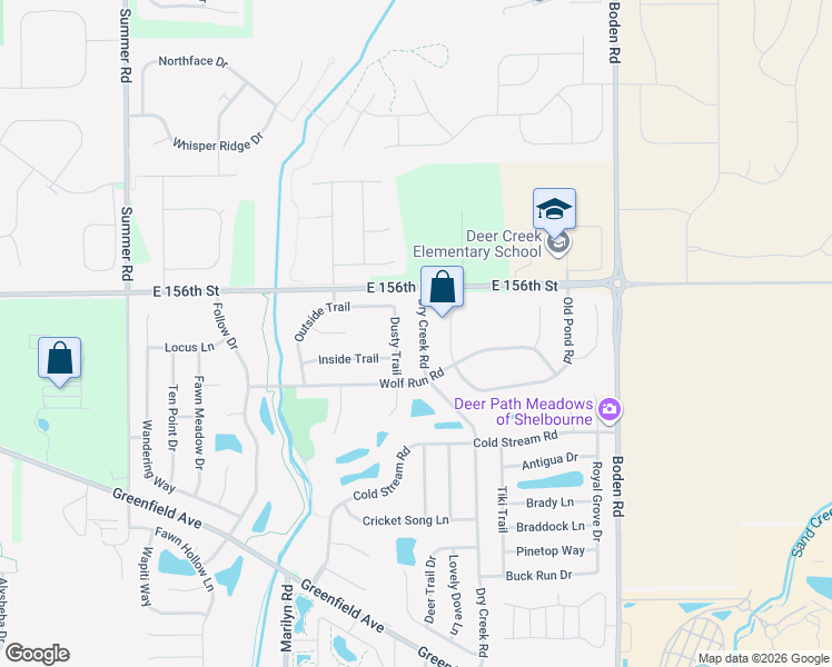 map of restaurants, bars, coffee shops, grocery stores, and more near 15457 Dry Creek Road in Noblesville