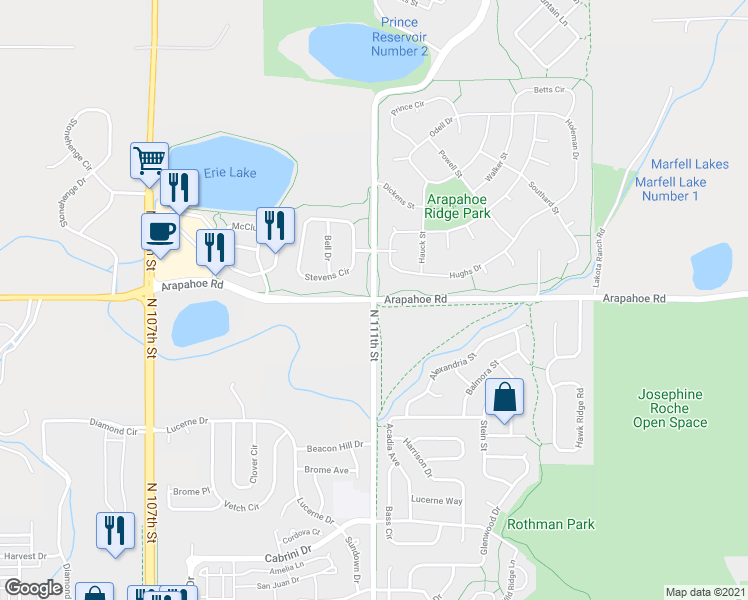 map of restaurants, bars, coffee shops, grocery stores, and more near 1601 North 111th Street in Lafayette