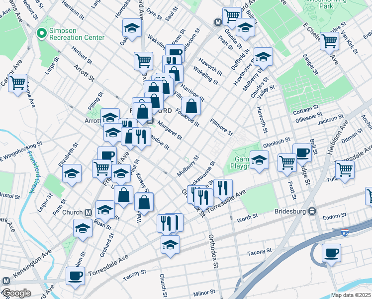 map of restaurants, bars, coffee shops, grocery stores, and more near 4680 Hawthorne St in Philadelphia