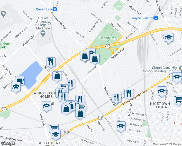 map of restaurants, bars, coffee shops, grocery stores, and more near 2661 Roberts Avenue in Philadelphia