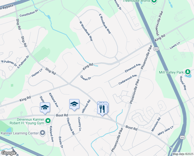 map of restaurants, bars, coffee shops, grocery stores, and more near 820 Queen Drive in West Chester