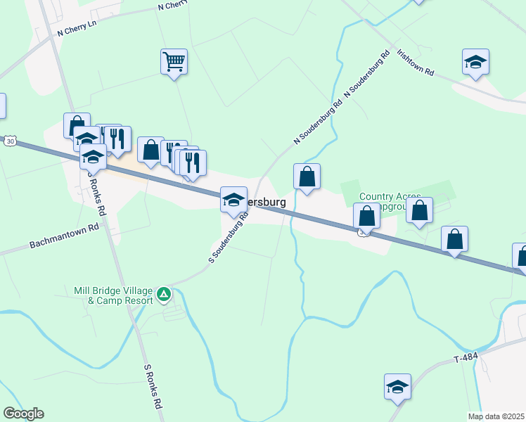 map of restaurants, bars, coffee shops, grocery stores, and more near 2900 Lincoln Highway East in Gordonville